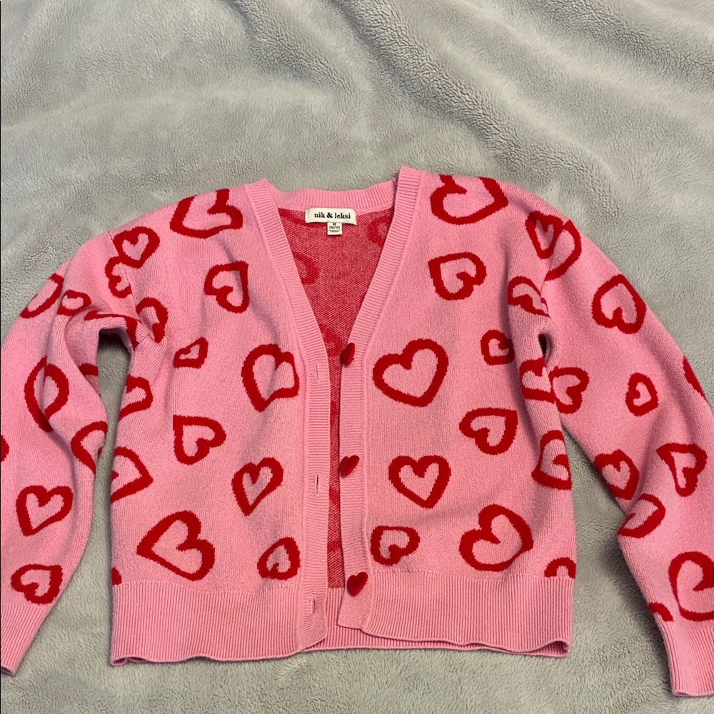Girls Pink and Red Heart-Print V-Neck Cardigan Sweater
